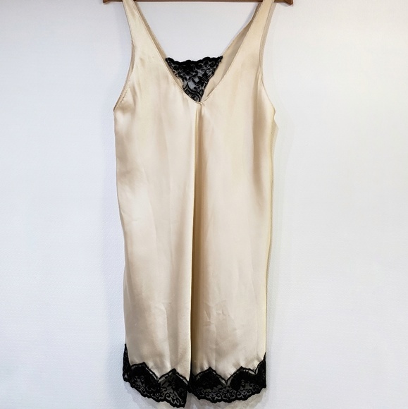 Champagne Satin Feel Nightie Gown Slip Lace Empire - Picture 3 of 8